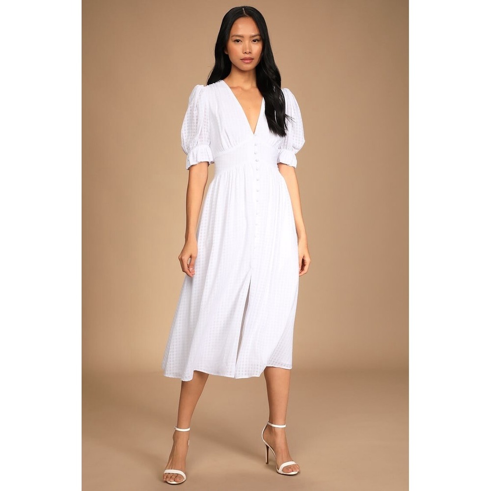Lulu's Womens Right Next To You White Puff Sleeve Button-Up Midi Dress Sz M New‎